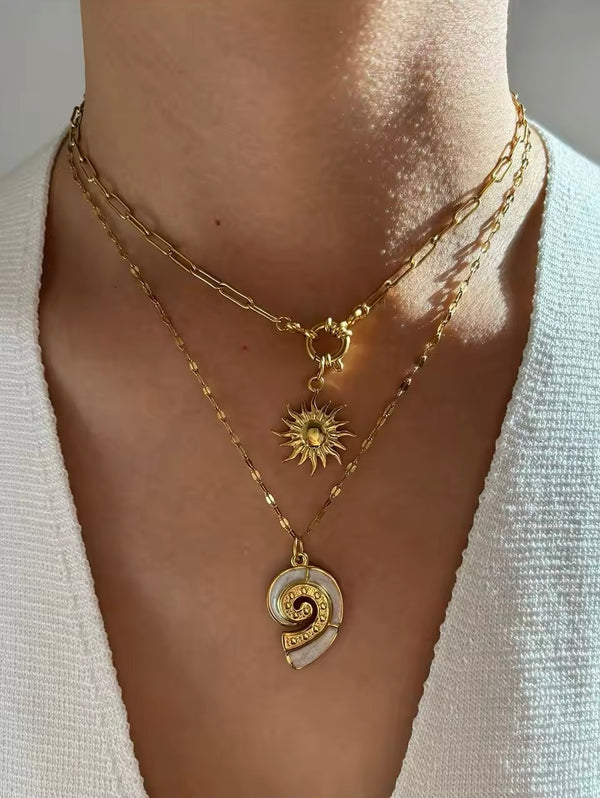 Layered Conch and Sun Pendant Necklace Set